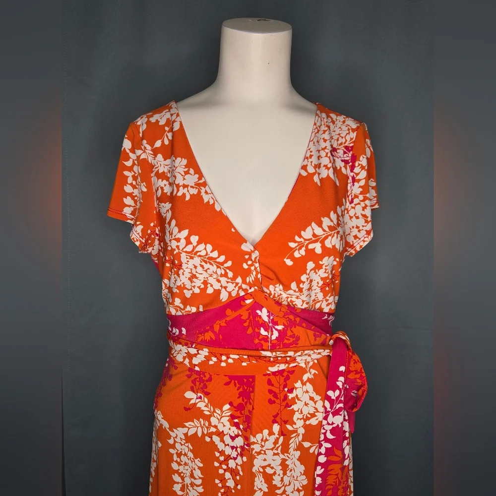 ​BCBGMAXAZRIA Floral Wisteria Faux Wrap Midi‎ Dress Orange Pink Size L Like New